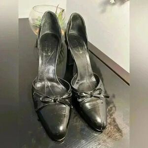 KATE SPADE Black Fabric Leather Trim with Front Bow Kitten Pumps Heels Size 9B